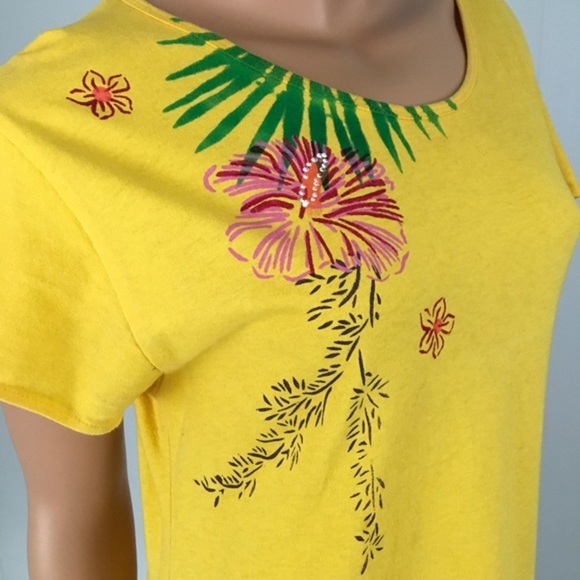 Vintage 90’s Yellow Swing Dress Floral Hand Painted Hawaiian Pockets Women M - Picture 8 of 15